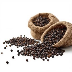 Bulk dried black peppercorns in open sacks for wholesale and export supply