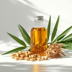 Bulk castor oil in glass bottles with fresh castor beans for wholesale and export supply