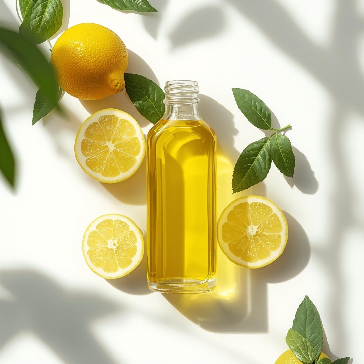 Bulk lemon essential oil in glass bottle with fresh lemon slices for wholesale and export supply