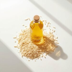Bulk rice bran oil in glass bottle with rice grains for wholesale and export supply