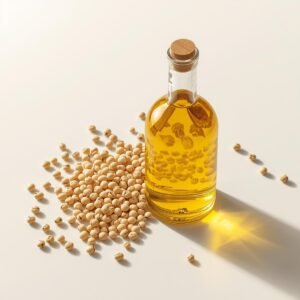 Bulk soybean oil in glass bottles with fresh soybeans for wholesale and export supply