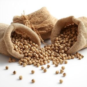 Bulk dried white peppercorns in open sacks for wholesale and export supply